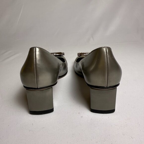Ferragamo | Size 8 | Metallic Grey (Gunmetal) Megan Block Heeled Pumps - Picture 4 of 12